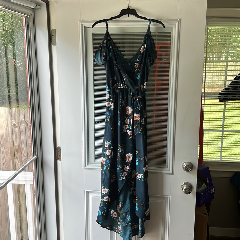 Navy ruched waist with lace bodice faux wrap dress